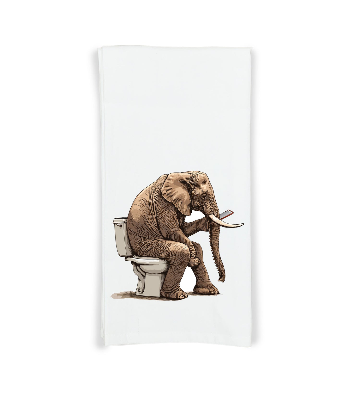 Elephant on the Toilet with Phone Flour Sack Kitchen Towel Funny Dish Cloth Housewarming Hostess Birthday Christmas Gift