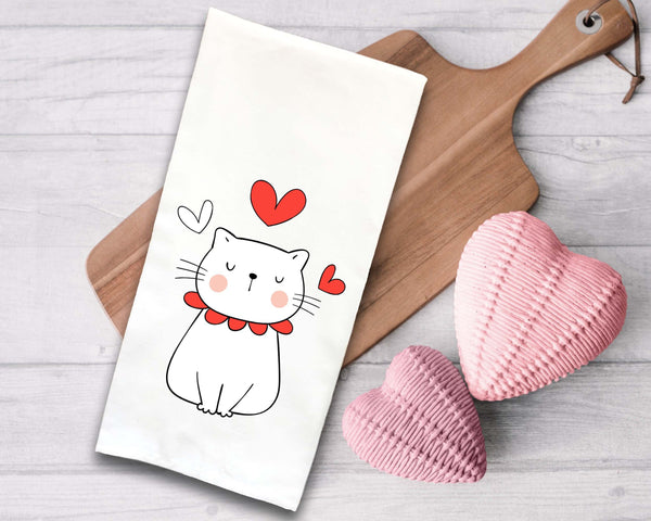 Cat Heart Valentine Flour Sack Kitchen Towel Funny Cute Red White Kitty Lover Hand Tea Valentine's Day Decor Dish Towels Birthday Gift Idea