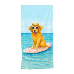 Golden Retriever Beach Towel – Funny Dog on Pink Surfboard | 35x70 Summer Pool Towel | Dog Lover Gift | Cute Beach Accessory