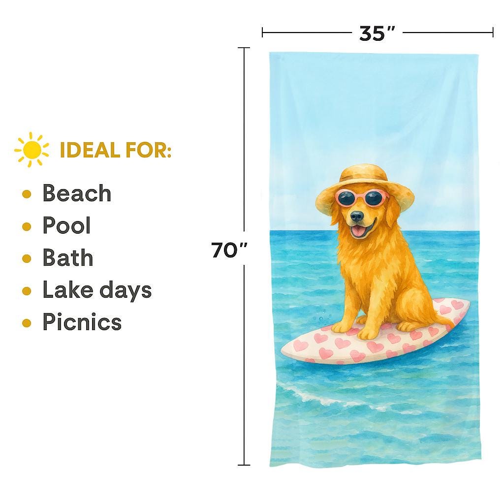 Golden Retriever Beach Towel – Funny Dog on Pink Surfboard | 35x70 Summer Pool Towel | Dog Lover Gift | Cute Beach Accessory