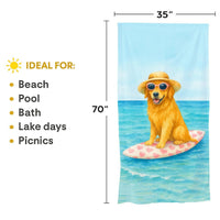 Golden Retriever Beach Towel – Funny Dog on Pink Surfboard | 35x70 Summer Pool Towel | Dog Lover Gift | Cute Beach Accessory