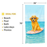 Golden Retriever Beach Towel – Funny Dog on Pink Surfboard | 35x70 Summer Pool Towel | Dog Lover Gift | Cute Beach Accessory