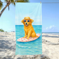 Golden Retriever Beach Towel – Funny Dog on Pink Surfboard | 35x70 Summer Pool Towel | Dog Lover Gift | Cute Beach Accessory