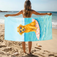 Golden Retriever Beach Towel – Funny Dog on Pink Surfboard | 35x70 Summer Pool Towel | Dog Lover Gift | Cute Beach Accessory