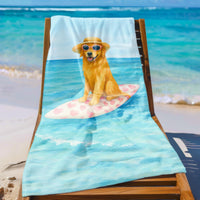 Golden Retriever Beach Towel – Funny Dog on Pink Surfboard | 35x70 Summer Pool Towel | Dog Lover Gift | Cute Beach Accessory