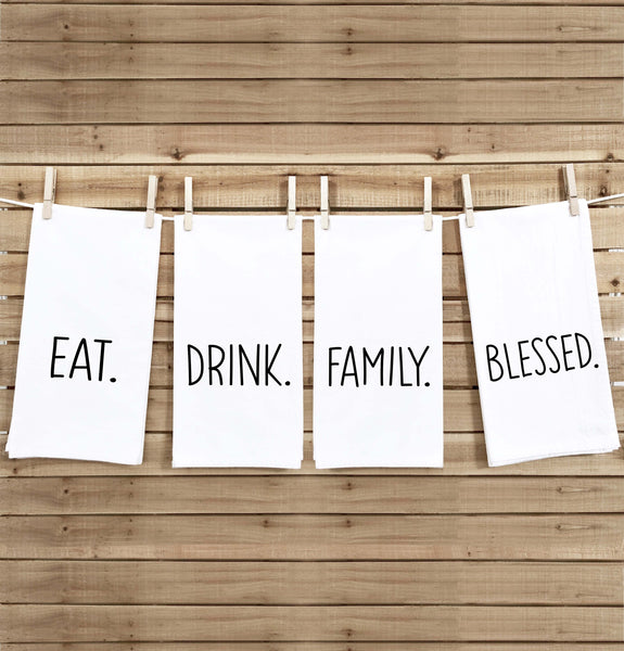 Eat Drink Family Blessed Set of 4 Hand Towels Minimalist Black White Flour Sack Dish Towel Kitchen Decor Hand Towel Easter Thanksgiving Gift