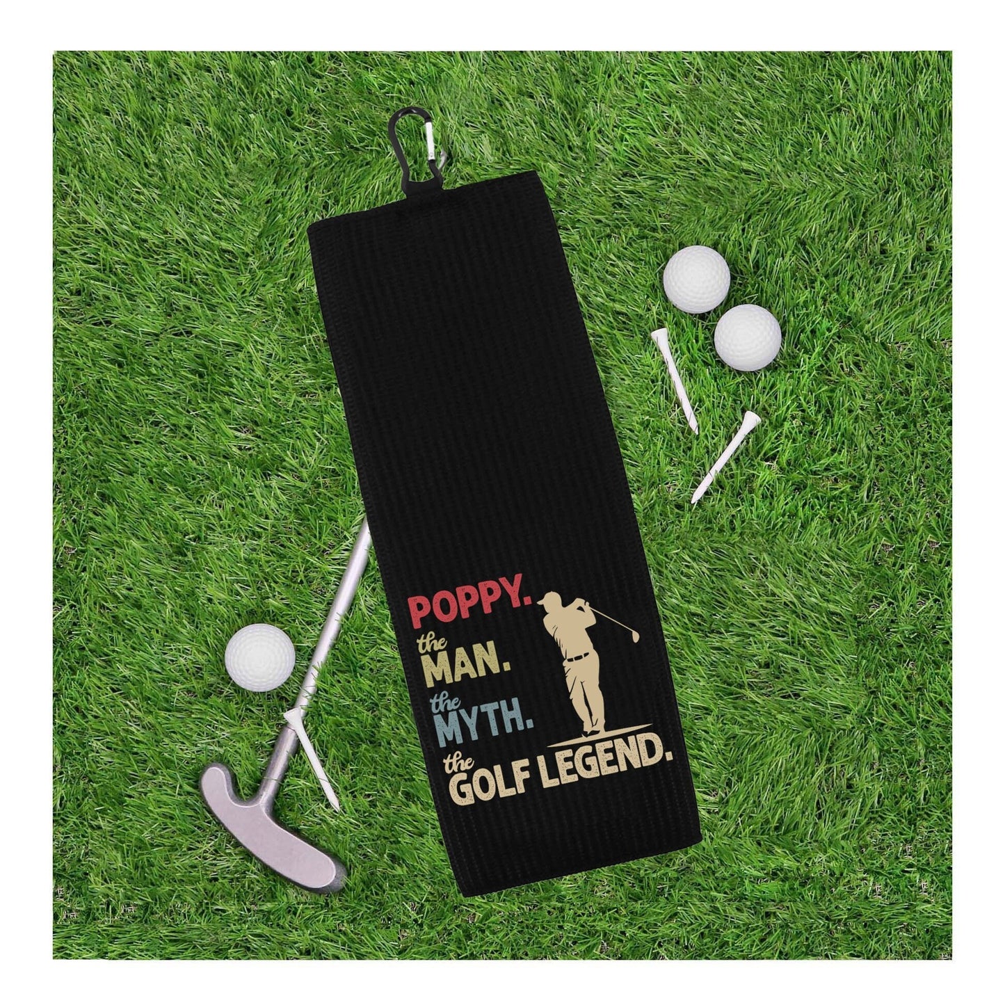 Poppy the Man the Myth the Golf Legend Tri-fold Golf Towel with Clip 100% Microfiber Waffle Weave Gift Idea for Golfer Men Grandpa Dad