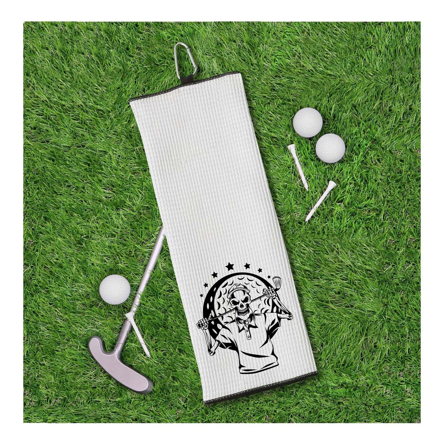 Skull Golfer Tri-fold Golf Towel with Clip 100% Microfiber White Waffle Weave Gift Idea for Men