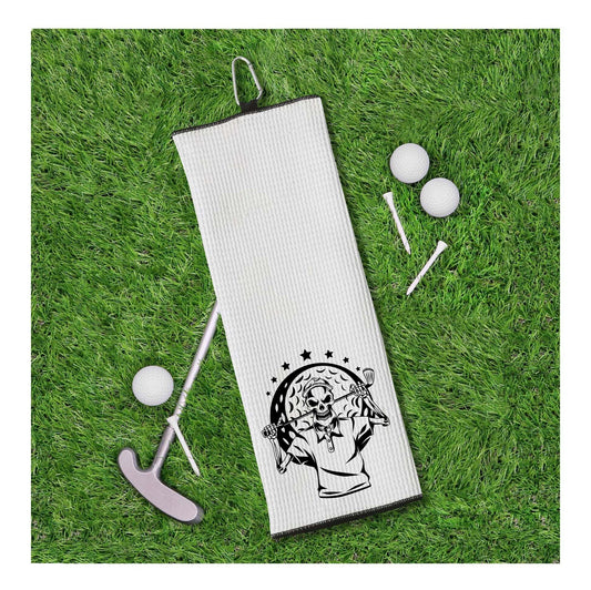 Skull Golfer Tri-fold Golf Towel with Clip 100% Microfiber White Waffle Weave Gift Idea for Men