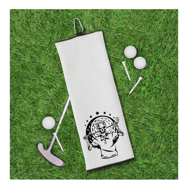 Skull Golfer Tri-fold Golf Towel with Clip 100% Microfiber White Waffle Weave Gift Idea for Men