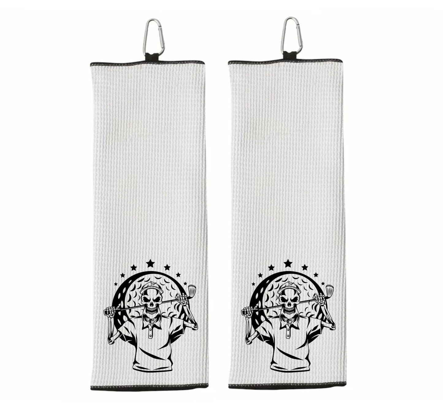 Skull Golfer Tri-fold Golf Towel with Clip 100% Microfiber White Waffle Weave Gift Idea for Men