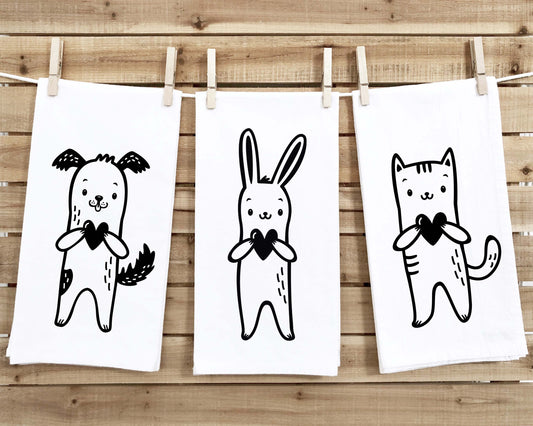 Set of 3 Cute Animal Tea Towels Funny Dog Cat Bunny Black and White Flour Sack Dish Bathroom or Kitchen Decor Decorative Hand Towel