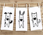 Set of 3 Cute Animal Tea Towels Funny Dog Cat Bunny Black and White Flour Sack Dish Bathroom or Kitchen Decor Decorative Hand Towel