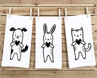 Set of 3 Cute Animal Tea Towels Funny Dog Cat Bunny Black and White Flour Sack Dish Bathroom or Kitchen Decor Decorative Hand Towel