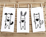 Set of 3 Cute Animal Tea Towels Funny Dog Cat Bunny Black and White Flour Sack Dish Bathroom or Kitchen Decor Decorative Hand Towel