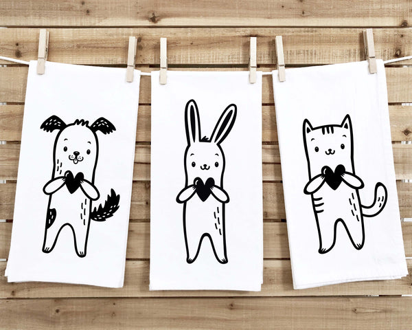 Set of 3 Cute Animal Tea Towels Funny Dog Cat Bunny Black and White Flour Sack Dish Bathroom or Kitchen Decor Decorative Hand Towel