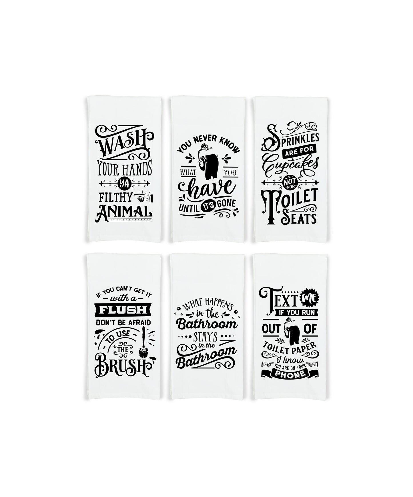 Set of 6 Funny Bathroom Hand Towels - Flour Sack Towel Gift Set - Housewarming Hostess Birthday Christmas Mothers Day Gift for Women Men