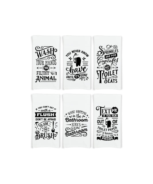 Set of 6 Funny Bathroom Hand Towels - Flour Sack Towel Gift Set - Housewarming Hostess Birthday Christmas Mothers Day Gift for Women Men