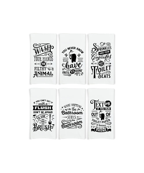 Set of 6 Funny Bathroom Hand Towels - Flour Sack Towel Gift Set - Housewarming Hostess Birthday Christmas Mothers Day Gift for Women Men