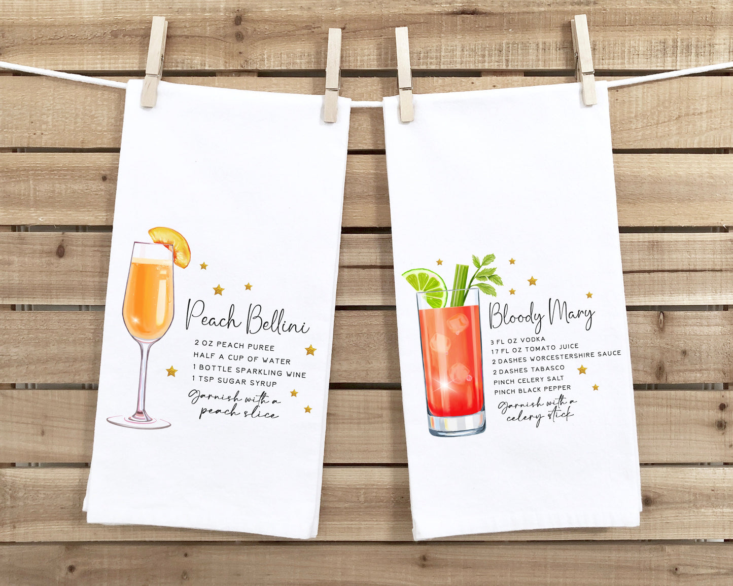 Bloody Mary and Peach Bellini Recipe Hand Towels with Hanging Loop 100% Cotton Flour Sack Towels Bar Cart Hostess Birthday Mother's Day Gift