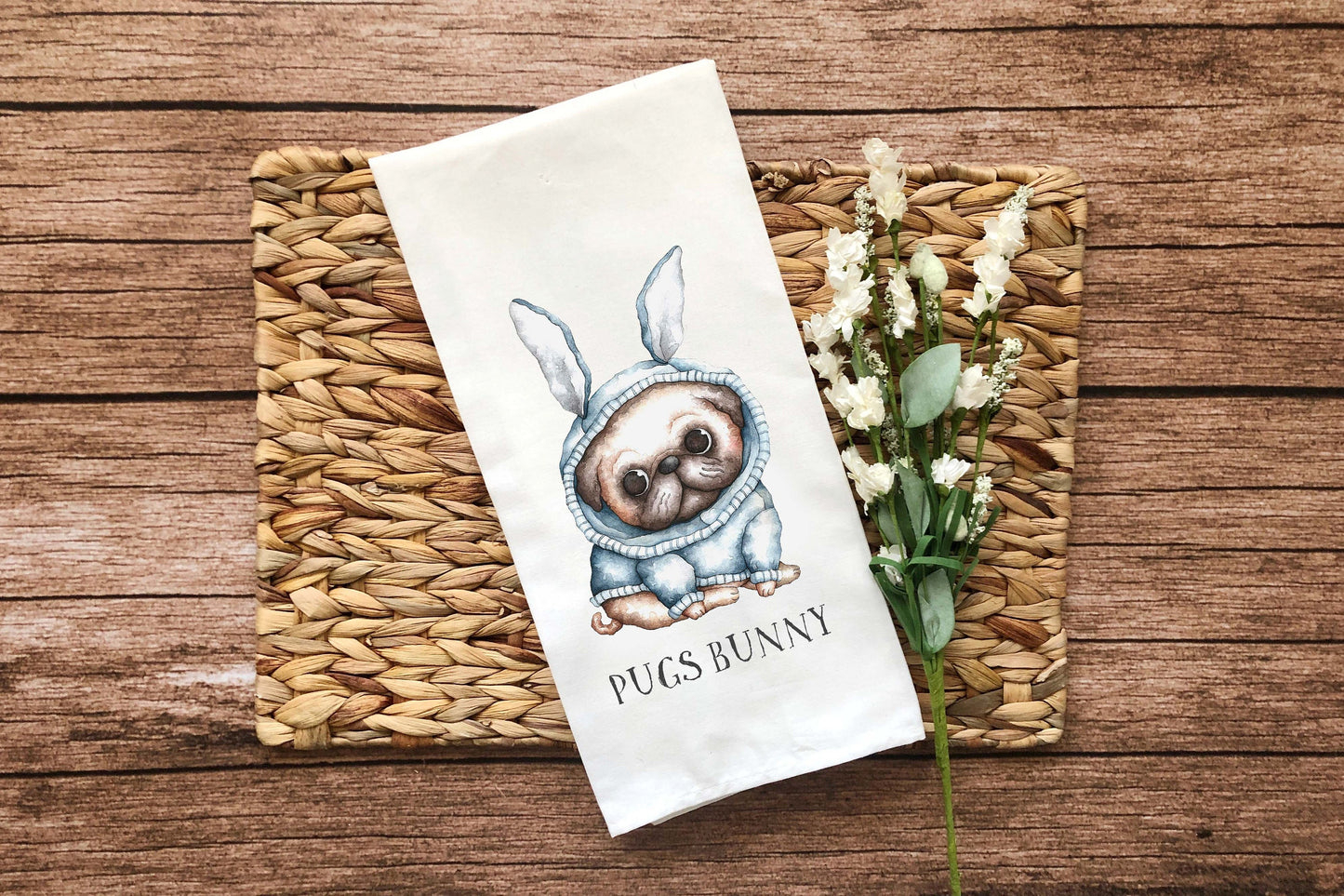 Pugs Bunny Tea Towel Funny Cute Pug Easter Flour Sack Dish Bathroom or Kitchen Decor Decorative Hand Towel for Dog Lover