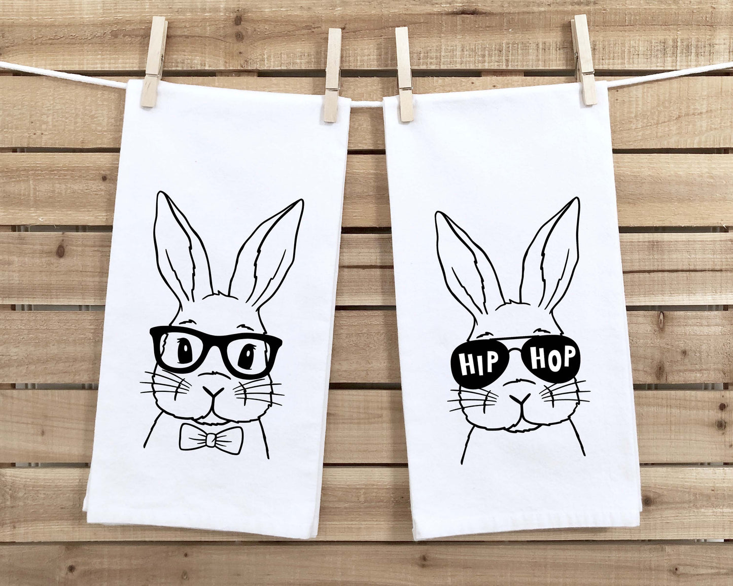 Set of 2 Easter Bunny Tea Towels Funny Cute Rabbit Glasses Hip Hop Flour Sack Dish Bathroom or Kitchen Hand Towel Spring Home Decor