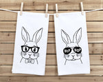 Set of 2 Easter Bunny Tea Towels Funny Cute Rabbit Glasses Hip Hop Flour Sack Dish Bathroom or Kitchen Hand Towel Spring Home Decor