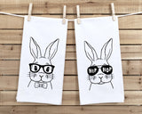 Set of 2 Easter Bunny Tea Towels Funny Cute Rabbit Glasses Hip Hop Flour Sack Dish Bathroom or Kitchen Hand Towel Spring Home Decor