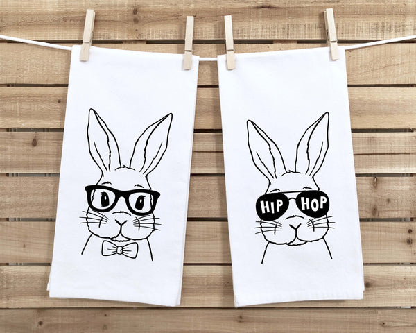 Set of 2 Easter Bunny Tea Towels Funny Cute Rabbit Glasses Hip Hop Flour Sack Dish Bathroom or Kitchen Hand Towel Spring Home Decor