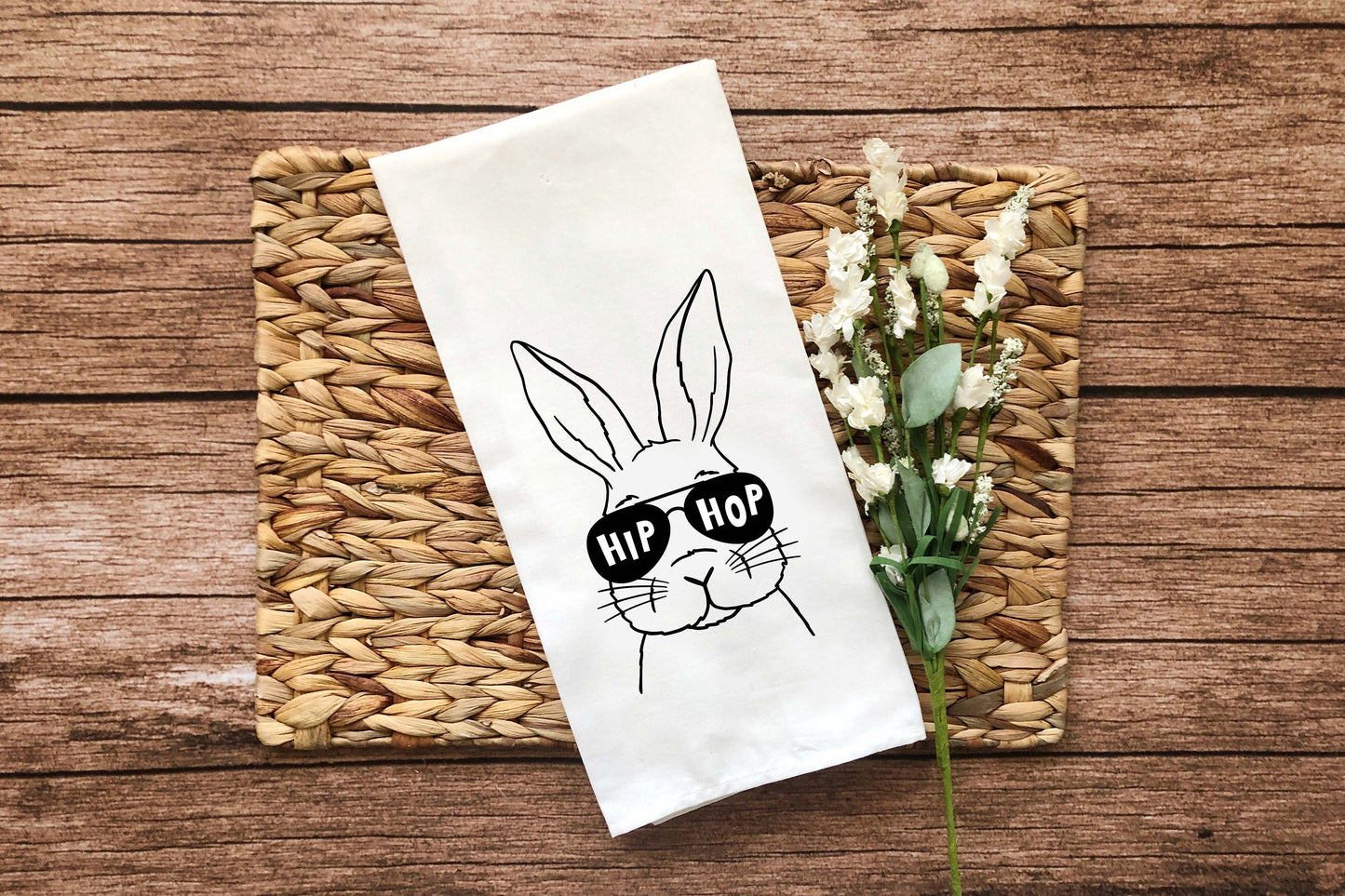 Set of 2 Easter Bunny Tea Towels Funny Cute Rabbit Glasses Hip Hop Flour Sack Dish Bathroom or Kitchen Hand Towel Spring Home Decor