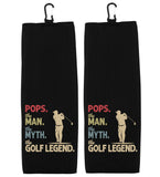 Pops the Man the Myth the Golf Legend Tri-fold Golf Towel with Clip 100% Microfiber Waffle Weave Gift Idea for Golfer Men Grandpa Dad