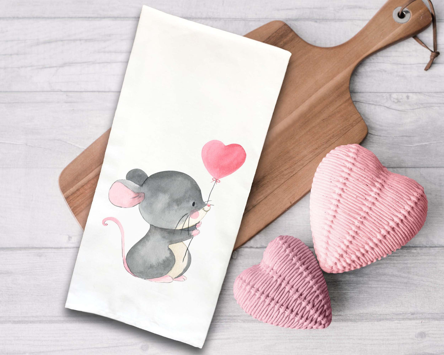 Set of 3 Mouse Valentine Tea Towels Cute Pink Heart Balloon Hand Flour Sack Dish Towel Mice Valentine's Day Birthday Mother's Day Gift Idea