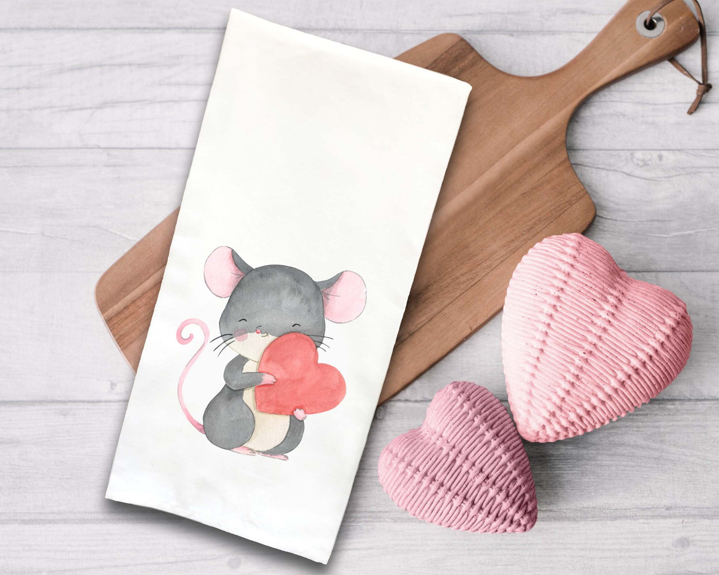 Set of 3 Mouse Valentine Tea Towels Cute Pink Heart Balloon Hand Flour Sack Dish Towel Mice Valentine's Day Birthday Mother's Day Gift Idea