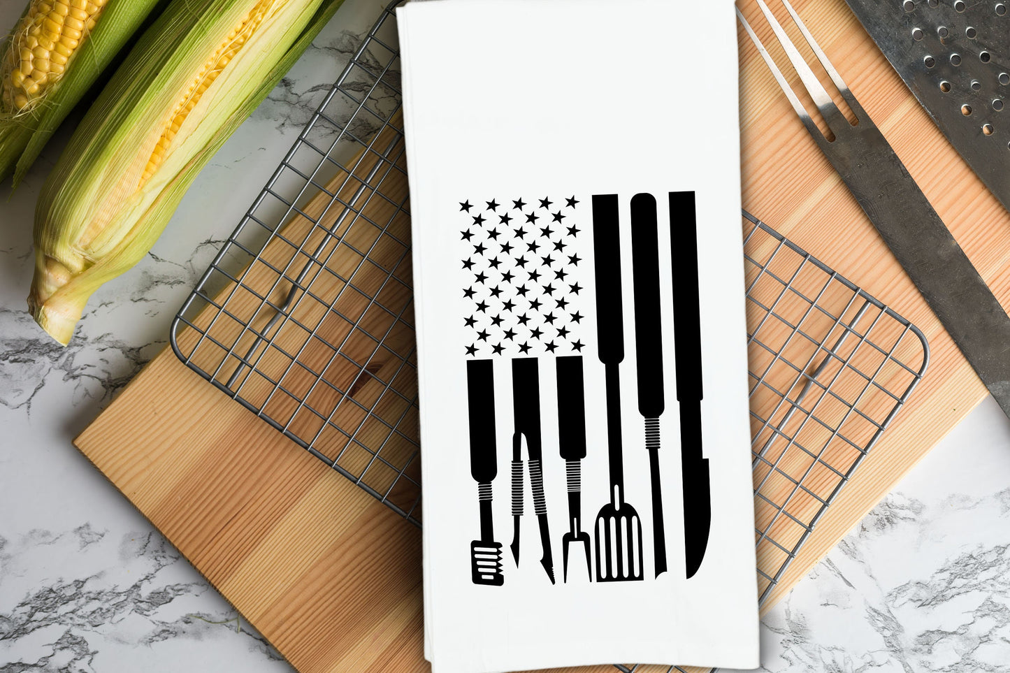 The Grillfather and Grilling Tools American Flag Gift Set of BBQ Themed Kitchen Towels for Dad Men Who Love Grilling BBQ Grill Cooking