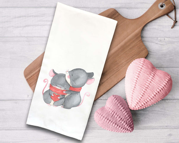Two Mice in Love Tea Towel Cute Pink Red Gray Hand Flour Sack Dish Towel Valentine's Day Birthday Mother's Day Gift Idea for Women