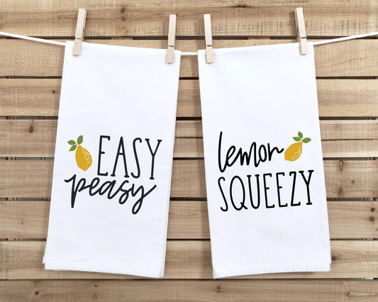 Easy Peasy / Lemon Squeezy Set of 2 Funny Kitchen Tea Towels Farmhouse Home Decor Housewarming Gift Idea for Women Men