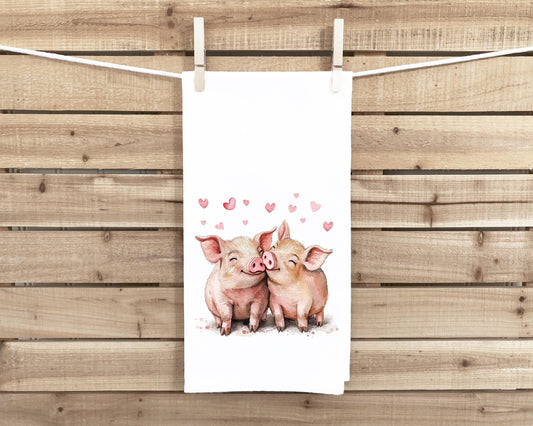 Pig Couple Flour Sack Cotton Tea Towel Valentine's Day Birthday Mother's Day Christmas Pig Lover Gift Idea