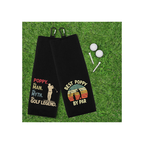 Poppy the Man the Myth the Golf Legend and Best Poppy by Par Set of 2 Tri-fold Golf Towel w/ Clip 100% Microfiber Waffle Weave Gift for Men