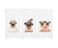 Pug Halloween Set of 3 Flour Sack Kitchen Tea Hand Towels Fall Home Decor Party Decorations Coquette Girly Aesthetic with Bow