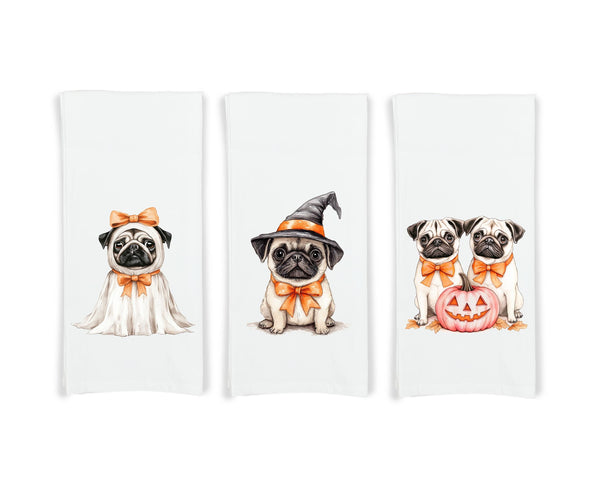 Pug Halloween Set of 3 Flour Sack Kitchen Tea Hand Towels Fall Home Decor Party Decorations Coquette Girly Aesthetic with Bow