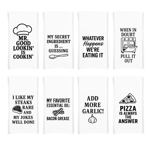 Funny Kitchen Towel Set of 8 Flour Sack Towels for Cooks, Dads & Food Lovers – Father's Day Gift – Pizza, Garlic, Bacon, BBQ Humor