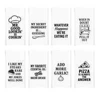 Funny Kitchen Towel Set of 8 Flour Sack Towels for Cooks, Dads & Food Lovers – Father's Day Gift – Pizza, Garlic, Bacon, BBQ Humor