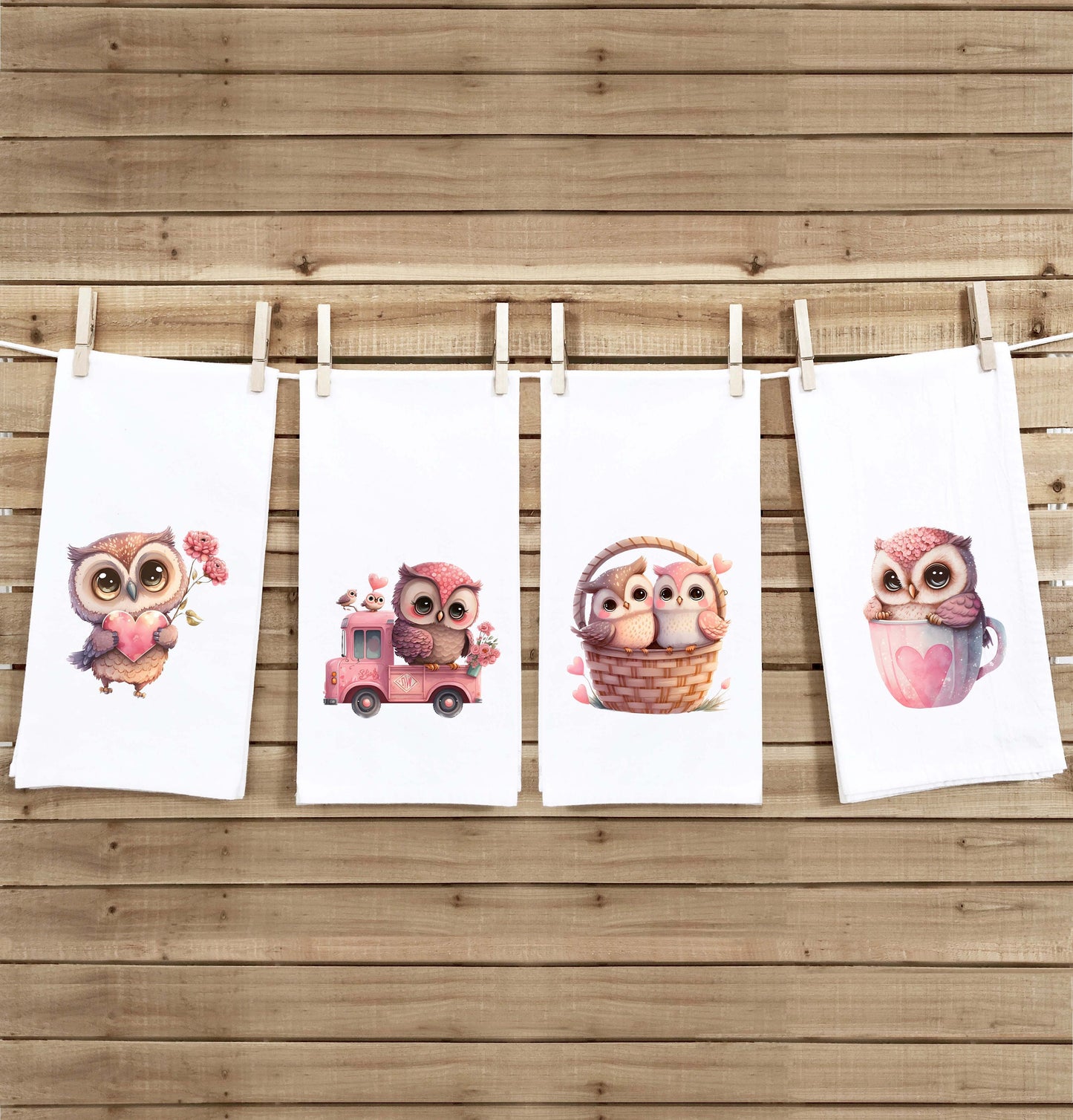 Set of 4 Chibi Owl Valentine Tea Towels Cute Pink Truck Heart Balloon Basket Hand Flour Sack Dish Towel Valentine's Day Birthday Mothers Day