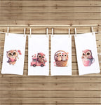 Set of 4 Chibi Owl Valentine Tea Towels Cute Pink Truck Heart Balloon Basket Hand Flour Sack Dish Towel Valentine's Day Birthday Mothers Day