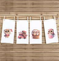 Set of 4 Chibi Owl Valentine Tea Towels Cute Pink Truck Heart Balloon Basket Hand Flour Sack Dish Towel Valentine's Day Birthday Mothers Day