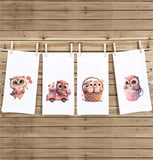 Set of 4 Chibi Owl Valentine Tea Towels Cute Pink Truck Heart Balloon Basket Hand Flour Sack Dish Towel Valentine's Day Birthday Mothers Day