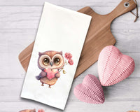 Set of 4 Chibi Owl Valentine Tea Towels Cute Pink Truck Heart Balloon Basket Hand Flour Sack Dish Towel Valentine's Day Birthday Mothers Day