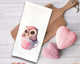 Set of 4 Chibi Owl Valentine Tea Towels Cute Pink Truck Heart Balloon Basket Hand Flour Sack Dish Towel Valentine's Day Birthday Mothers Day