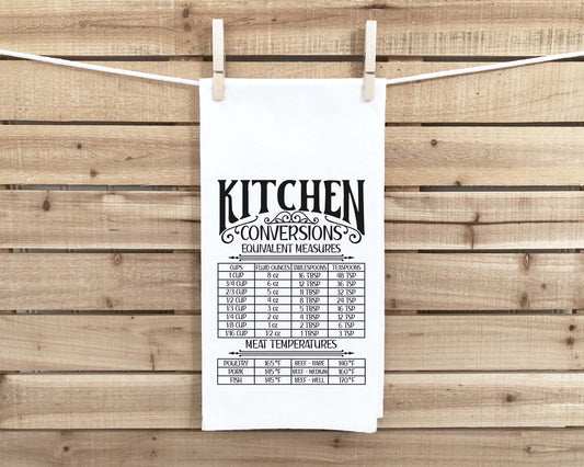 Kitchen Conversion & Meat Temperature Chart Hand Towel with Hanging Loop - 100% Cotton Flour Sack Towels Hostess Birthday Mother's Day Gift