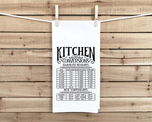 Kitchen Conversion & Meat Temperature Chart Hand Towel with Hanging Loop - 100% Cotton Flour Sack Towels Hostess Birthday Mother's Day Gift
